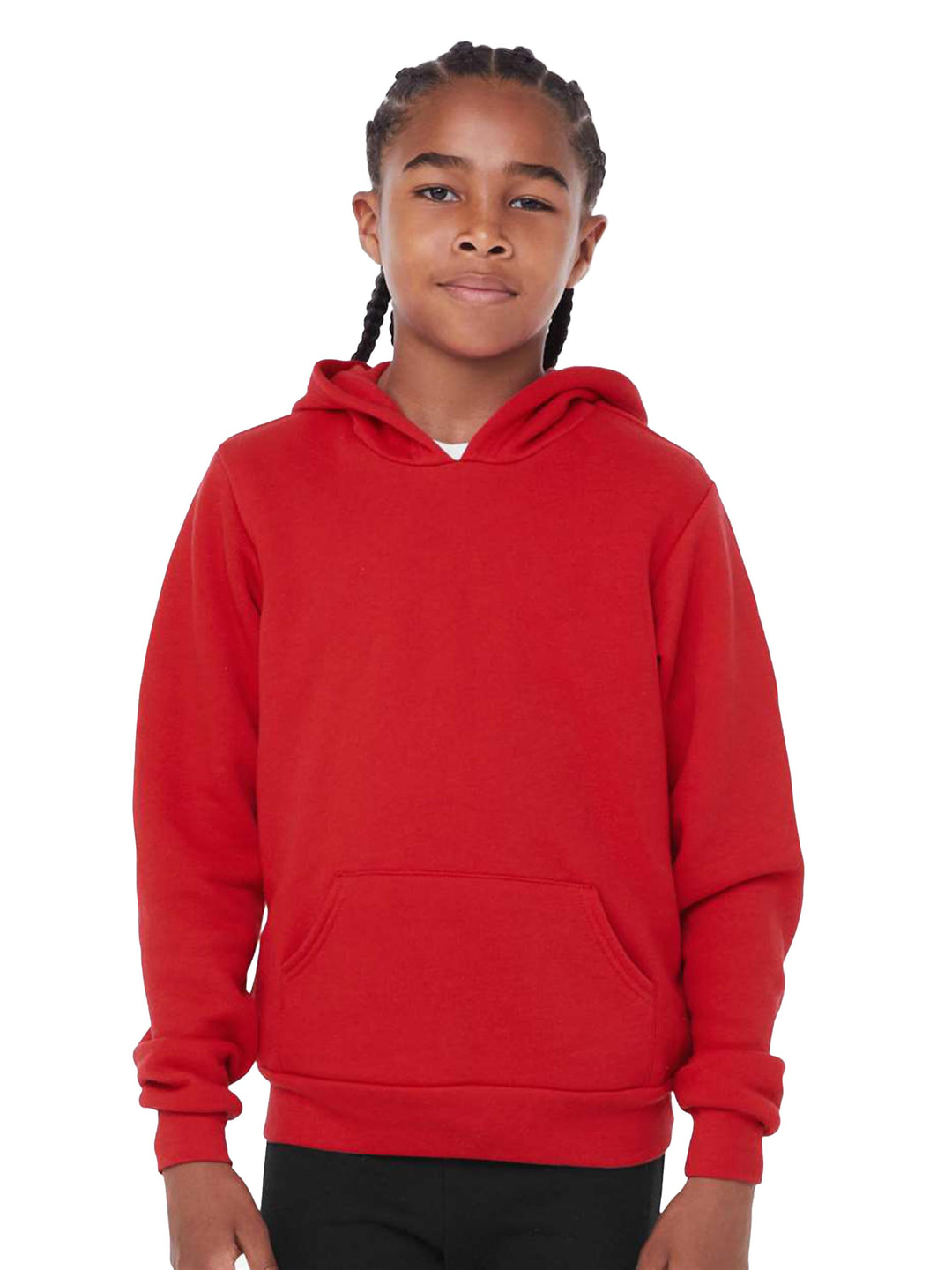 Custom Bella + Canvas Youth Sponge Fleece Hoodie in red, offering a soft fleece interior and front pocket. Great for kids' fashion and personalized designs.