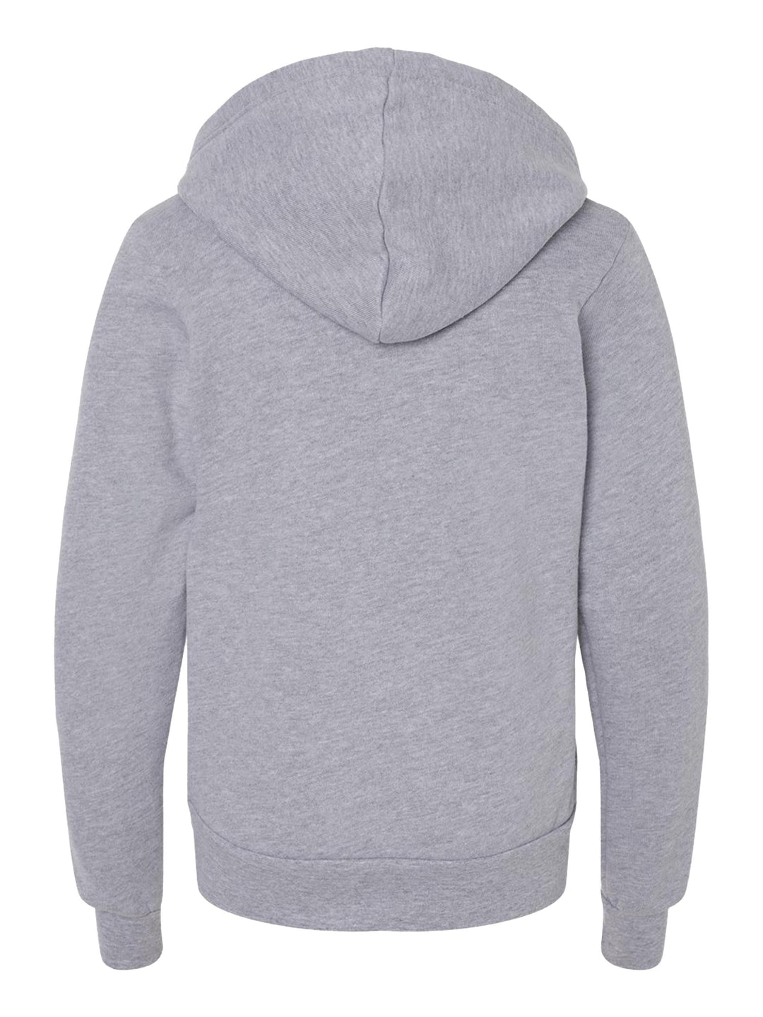 Back view of the Bella + Canvas Youth Fleece Zip Up Hoodie in heather gray, showing the hood and ribbed hem for a snug and comfortable fit.