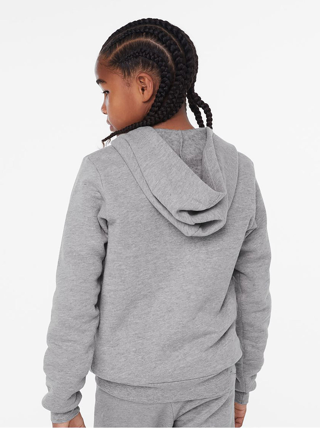 Youth wearing Bella and Canvas grey fleece zip-up hoodie back view