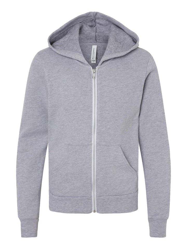 Flat lay of the Bella + Canvas Youth Fleece Zip Up Hoodie in heather gray, featuring a full-zip front, kangaroo pockets, and a soft fleece interior.