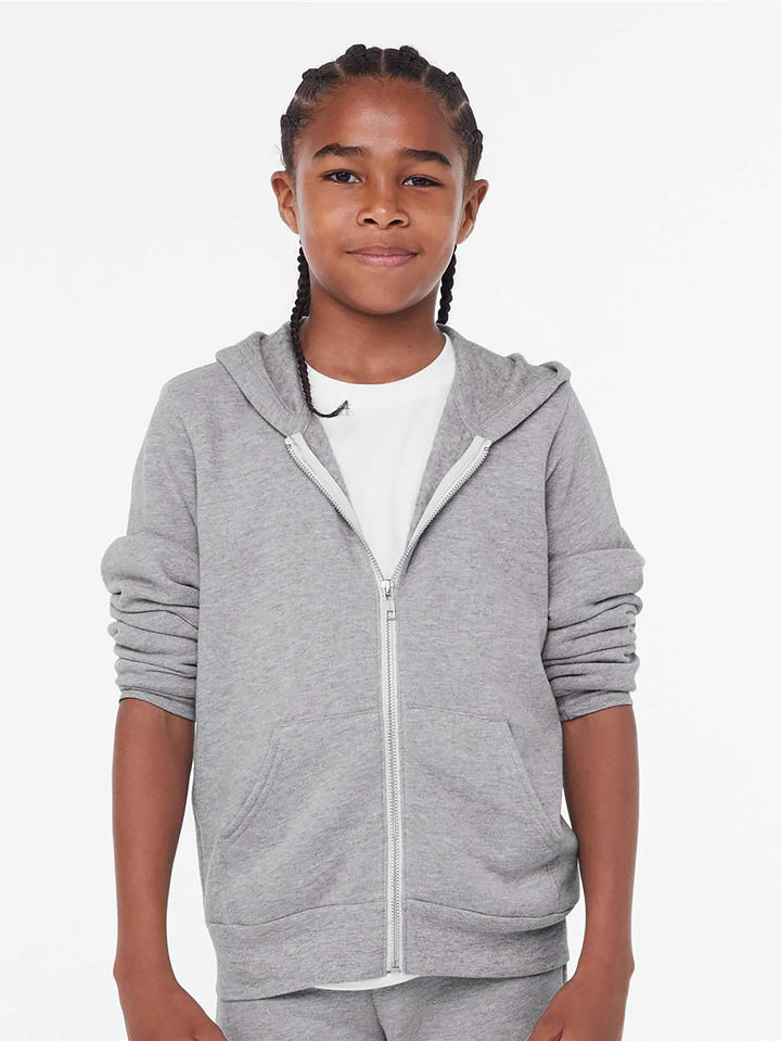 Youth wearing Bella and Canvas grey fleece zip-up hoodie front view