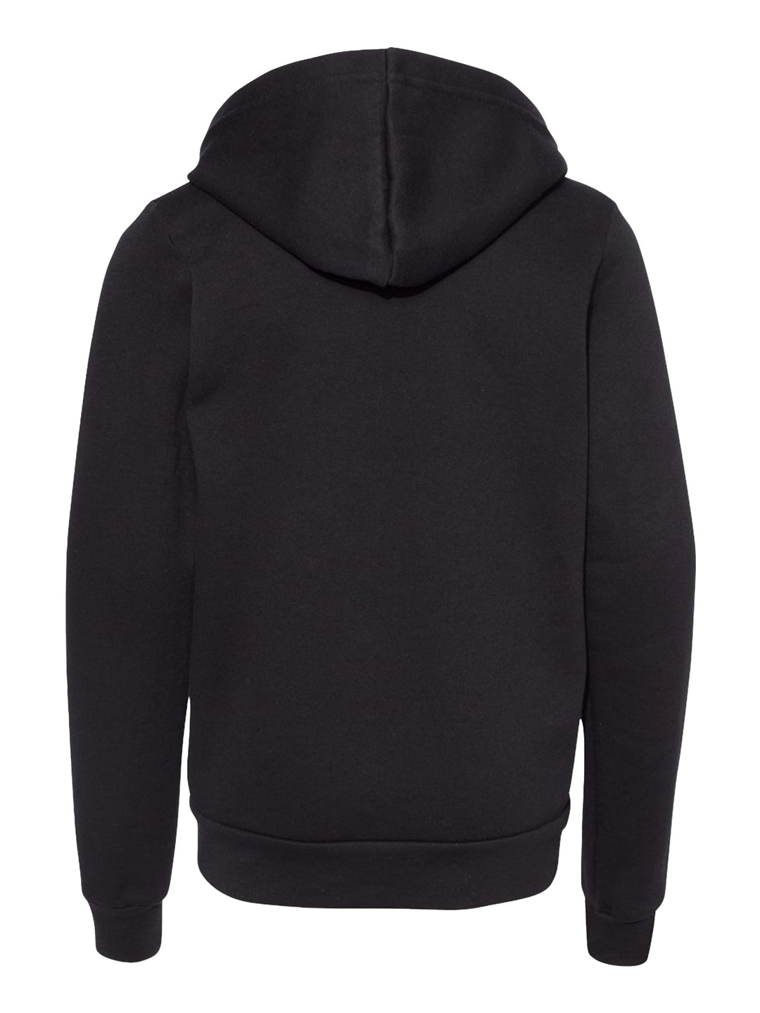 Back view of the Bella + Canvas Youth Fleece Zip Up Hoodie in black, highlighting the hooded design and ribbed cuffs for a secure fit.