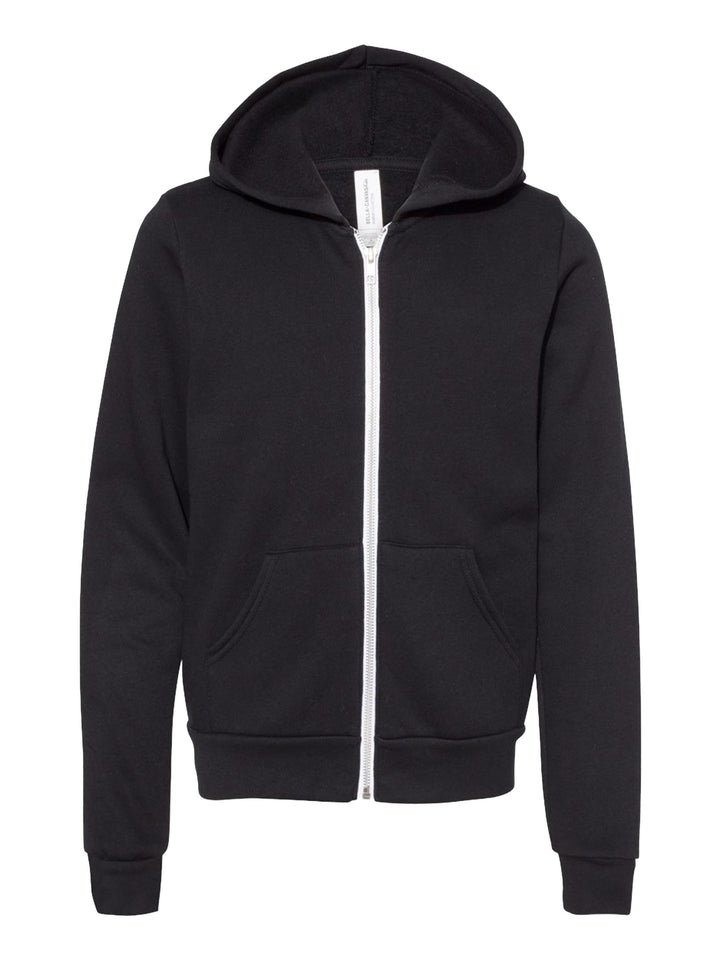 Bella + Canvas Youth Fleece Zip Up Hoodie in black, featuring a white zipper, front pockets, and a soft fleece lining for warmth and comfort.