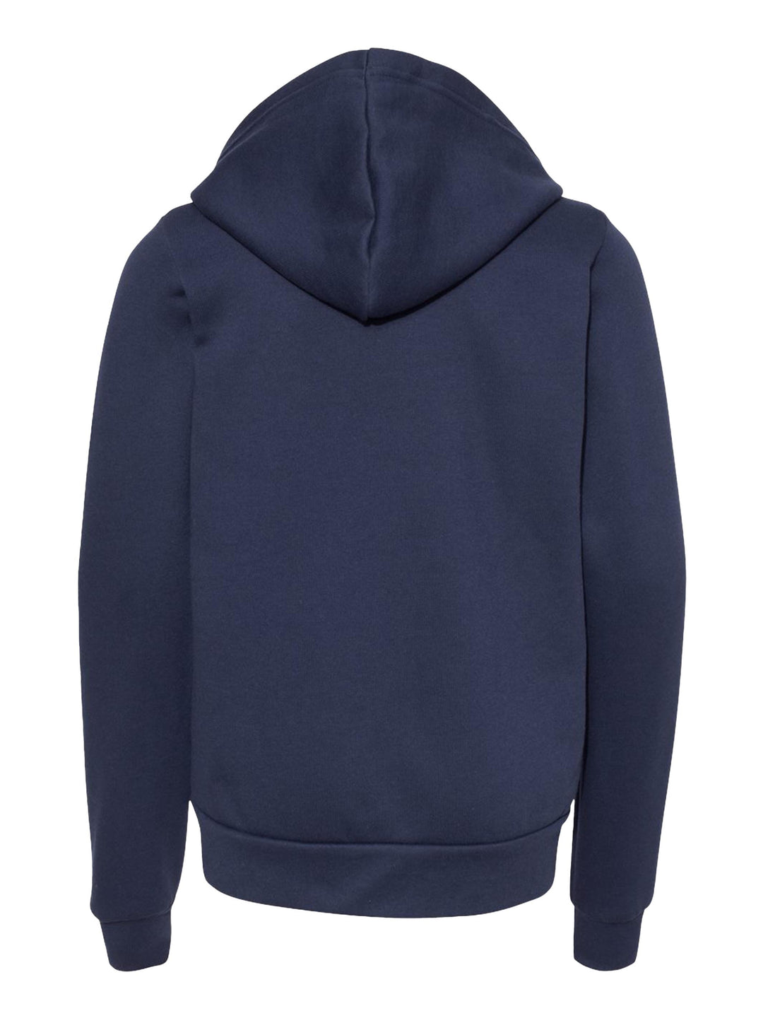 Back view of the Bella + Canvas Youth Fleece Zip Up Hoodie in navy blue, highlighting the hood and ribbed cuffs for a snug and stylish fit.