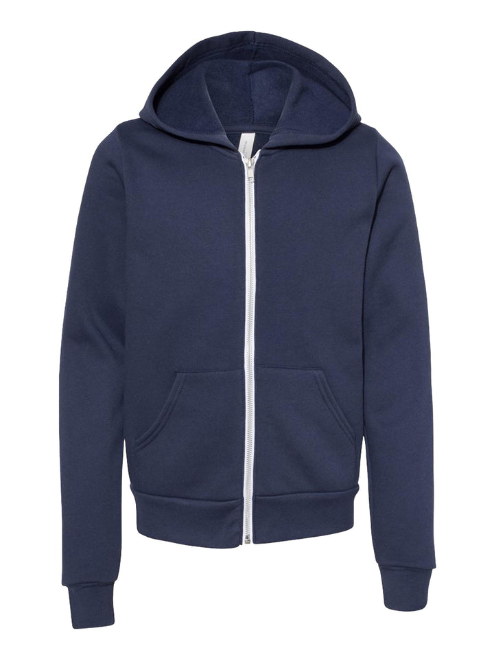 Bella + Canvas Youth Fleece Zip Up Hoodie in navy blue, featuring a full-zip front, front pockets, and a soft fleece interior for warmth.