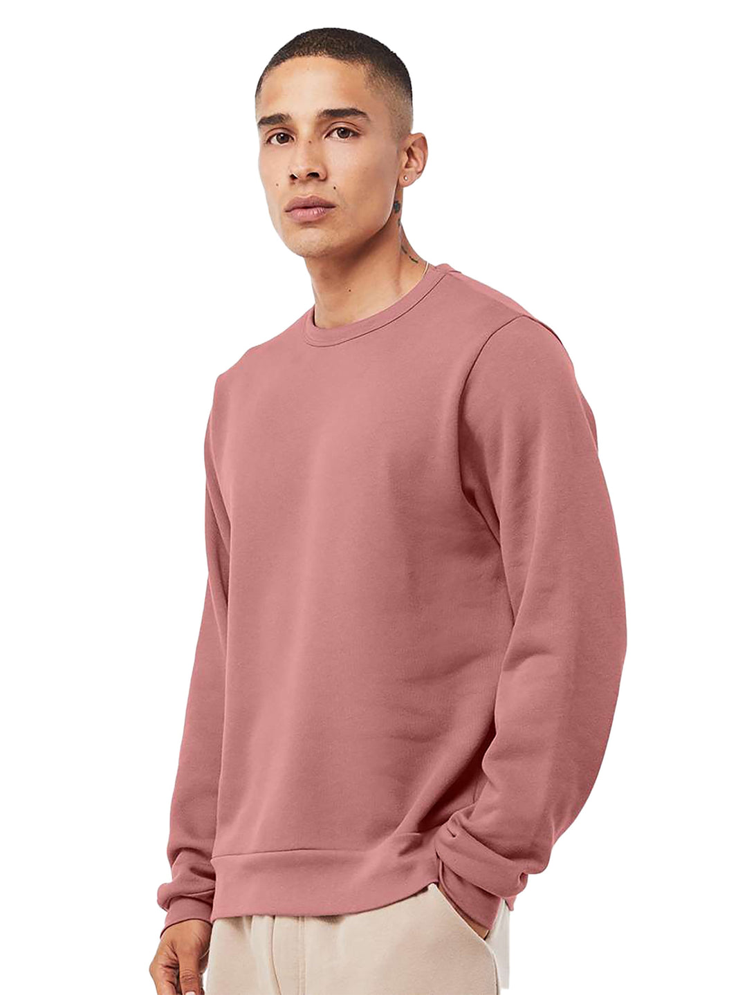 Side view of the Custom Bella and Canvas Sponge Fleece Sweatshirt in mauve, showcasing its relaxed fit and premium fleece material for comfort.