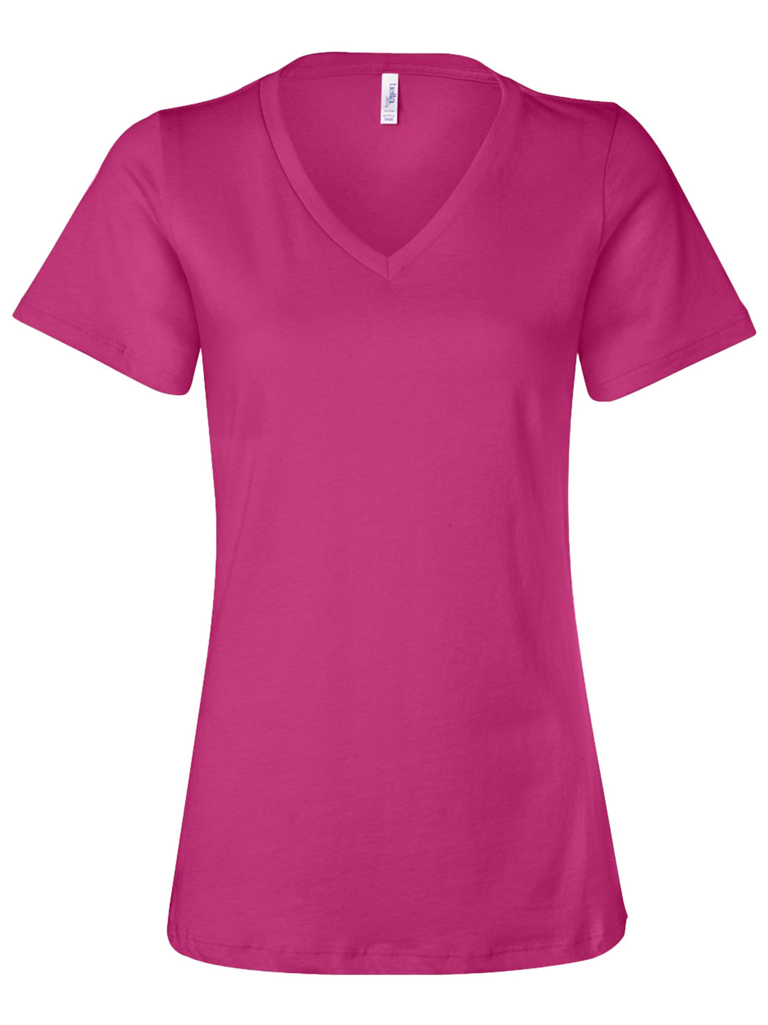 Custom Bella and Canvas Women’s Relaxed V-Neck T-Shirt in bright pink, a vibrant and stylish choice for personalized apparel.