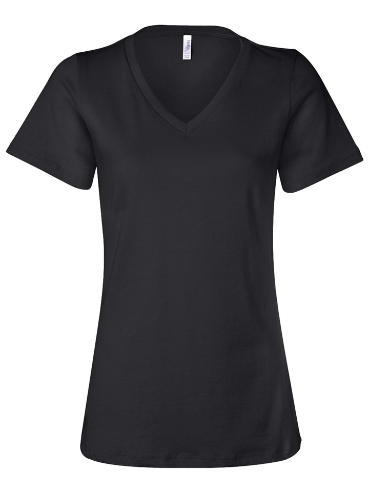 Custom Bella and Canvas Women’s Relaxed V-Neck T-Shirt in black, a timeless and comfortable option for custom printing.