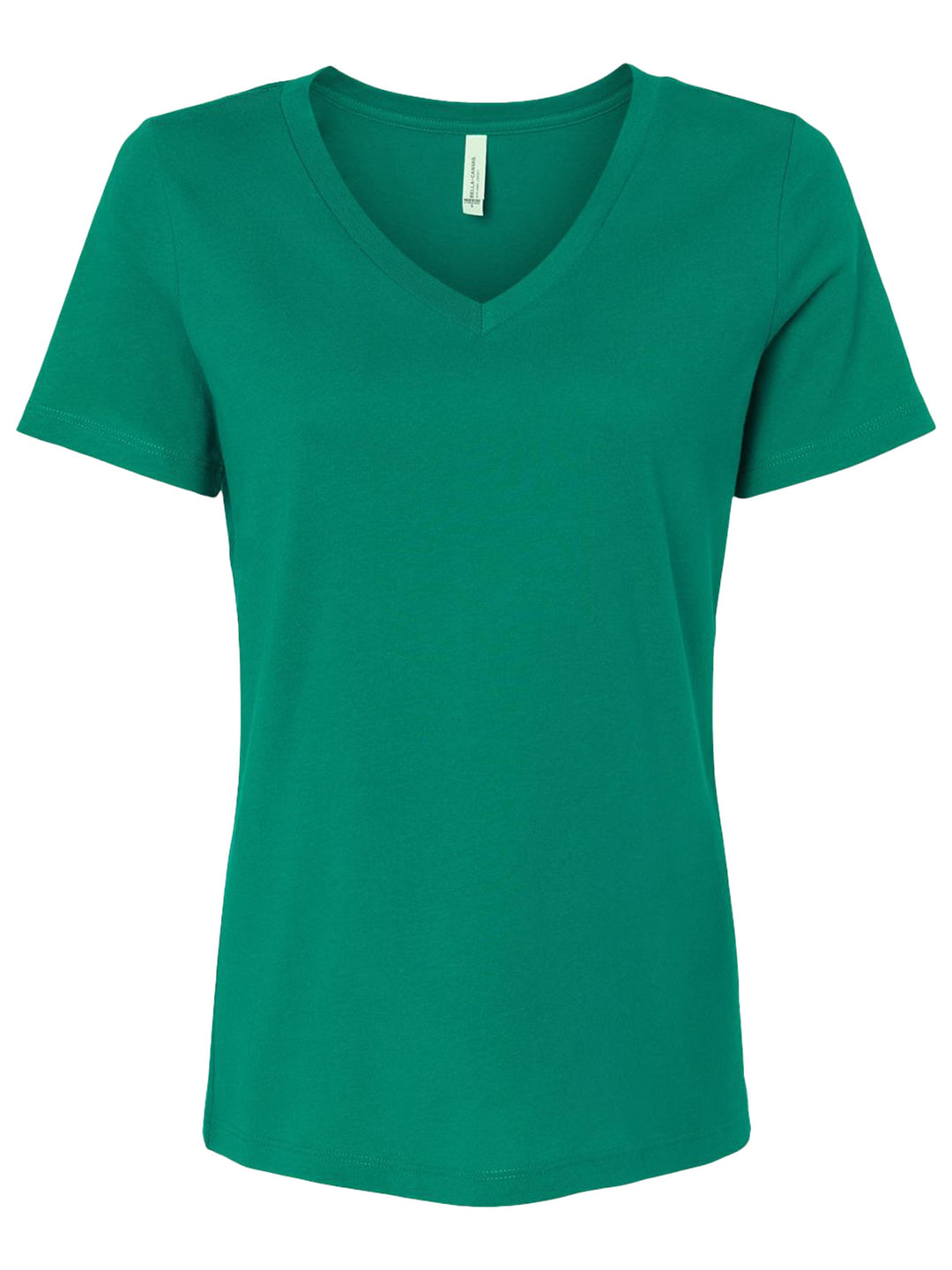 Custom Bella and Canvas Women’s Relaxed V-Neck T-Shirt in green, a bold and stylish choice for casual wear or branding.