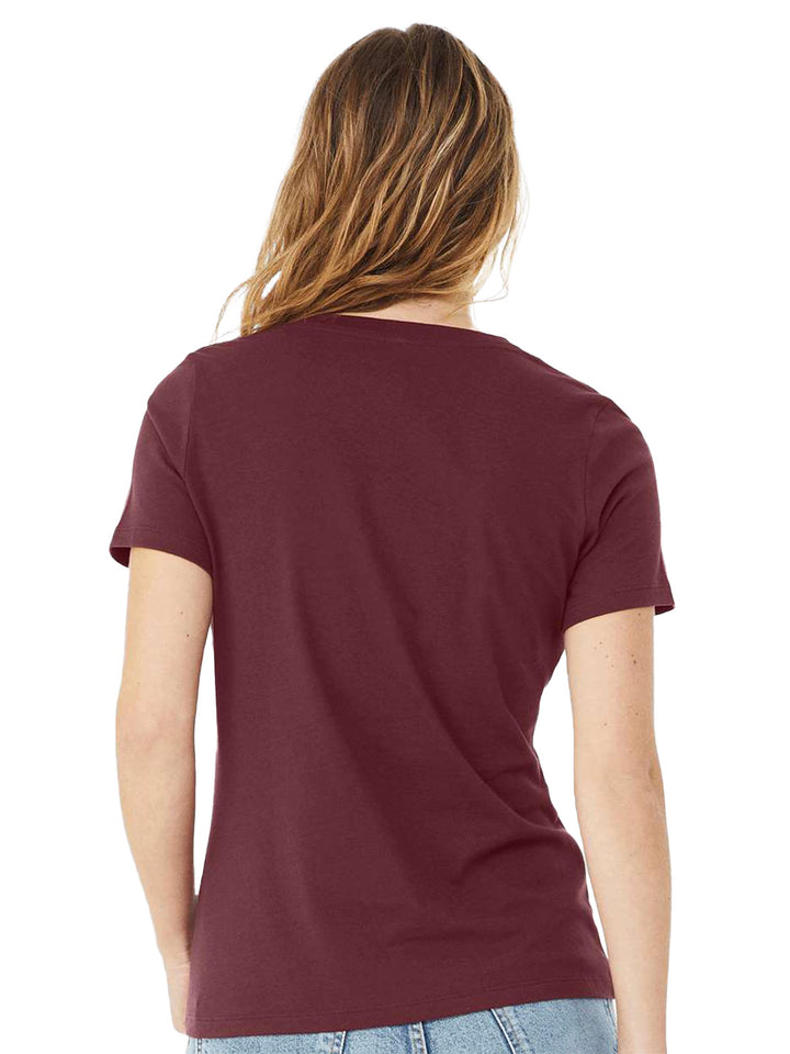 Back view of maroon Bella + Canvas woman's v-neck tee, highlighting its relaxed fit and premium fabric. A great addition to any wardrobe.