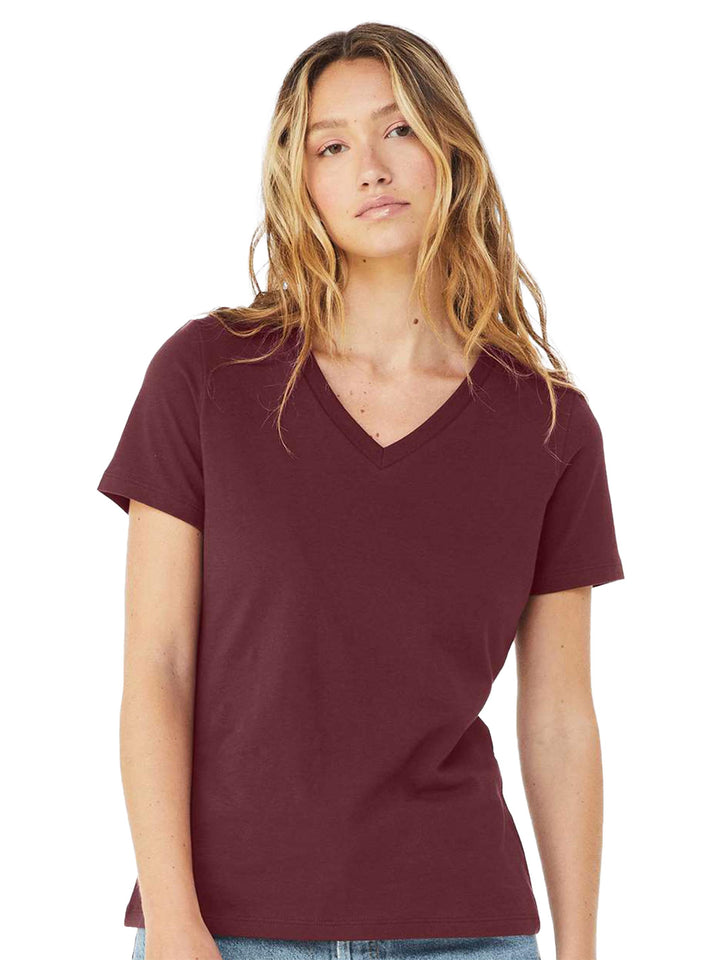 Maroon Bella + Canvas woman's v-neck tee, offering a rich color and soft fabric for a stylish and comfortable fit. Perfect for casual wear.