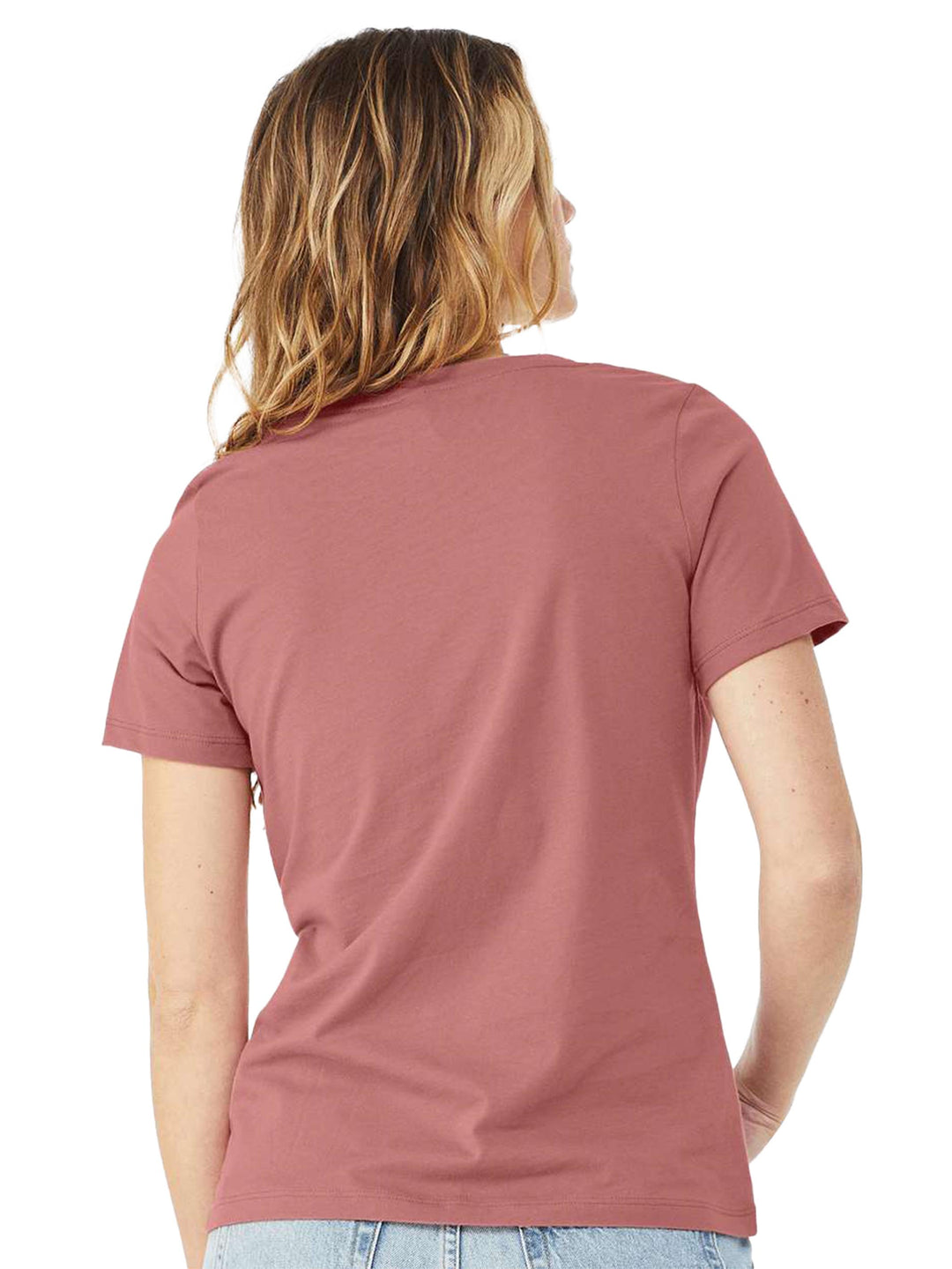 Back view of dusty rose Bella + Canvas woman's v-neck tee, showcasing its relaxed fit and high-quality fabric. Ideal for everyday wear.