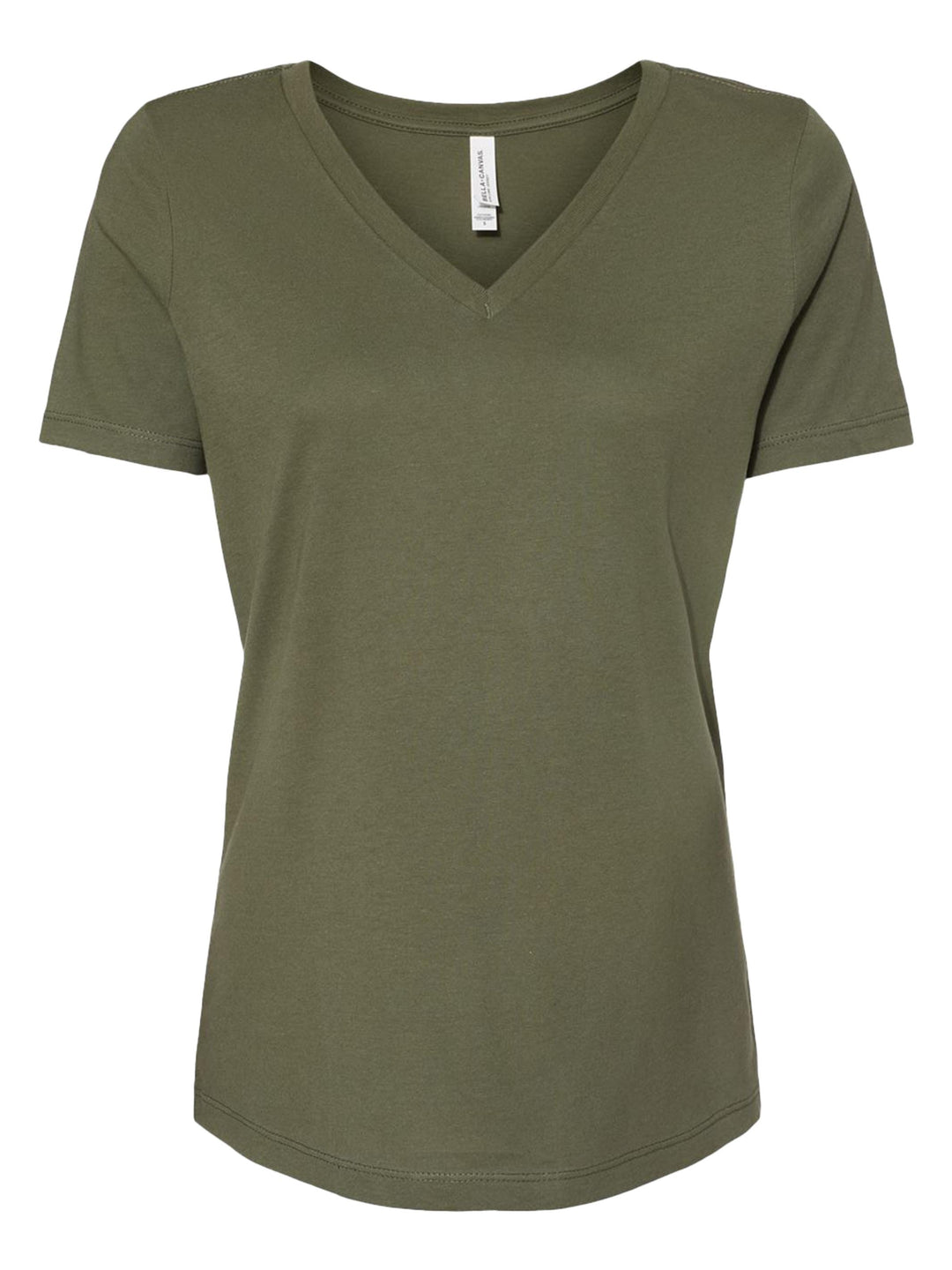 Custom Bella and Canvas Women’s Relaxed V-Neck T-Shirt in olive green, offering a trendy and comfortable fit for any occasion.