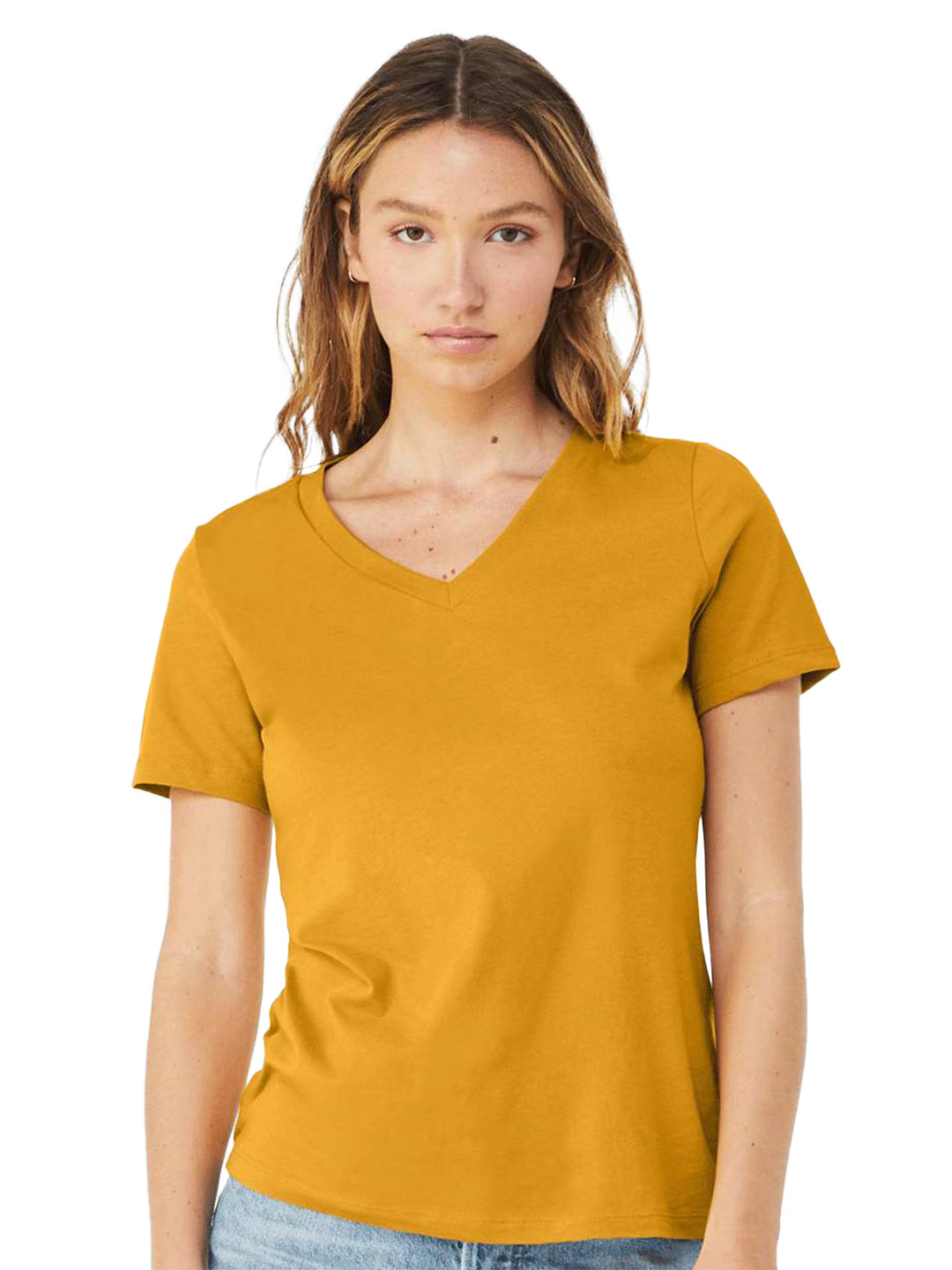 Mustard yellow Bella + Canvas woman's v-neck tee, crafted for comfort and style. A bold and trendy choice for casual wear.