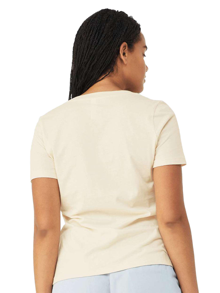 Back view of cream Bella + Canvas woman's v-neck tee, highlighting its smooth fabric and relaxed silhouette. Perfect for casual styling.