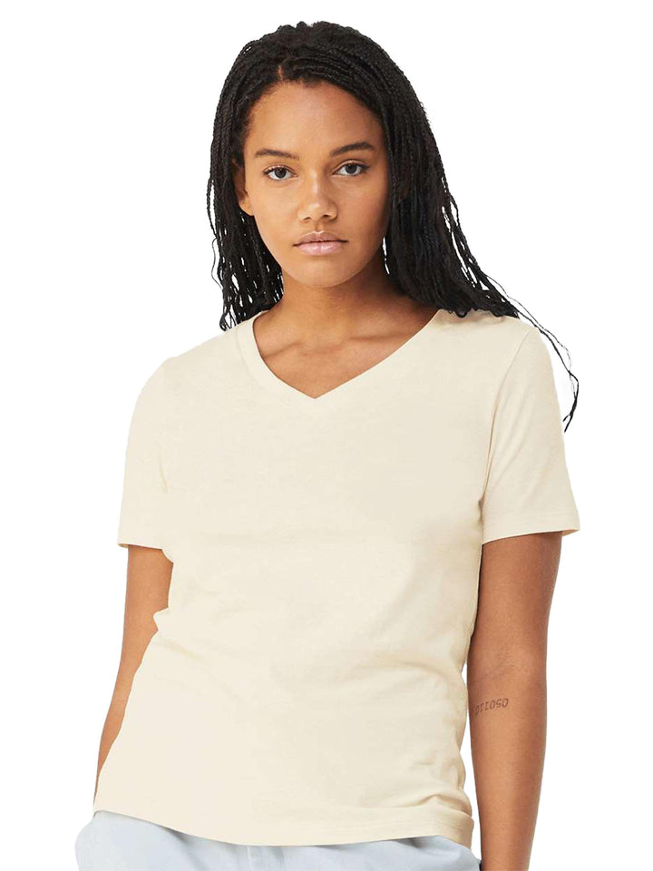 Cream Bella + Canvas woman's v-neck tee, designed for a soft and breathable feel. A versatile and elegant addition to any wardrobe.