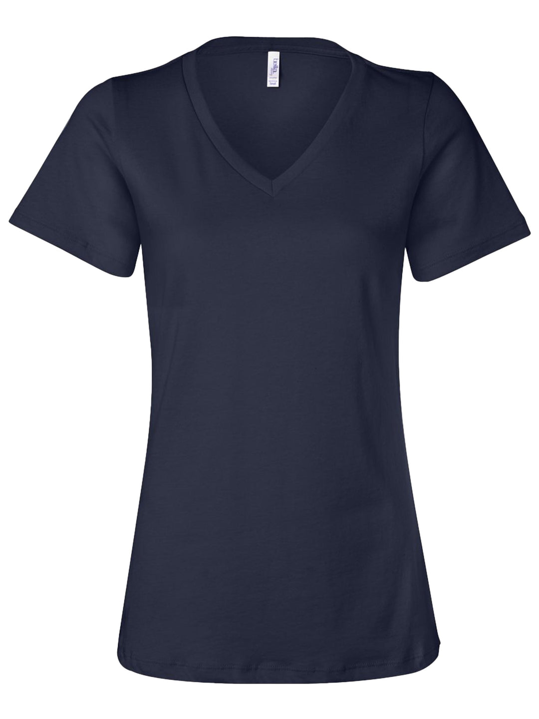 Custom Bella and Canvas Women’s Relaxed V-Neck T-Shirt in navy blue, a classic and durable option for custom embroidery or printing.