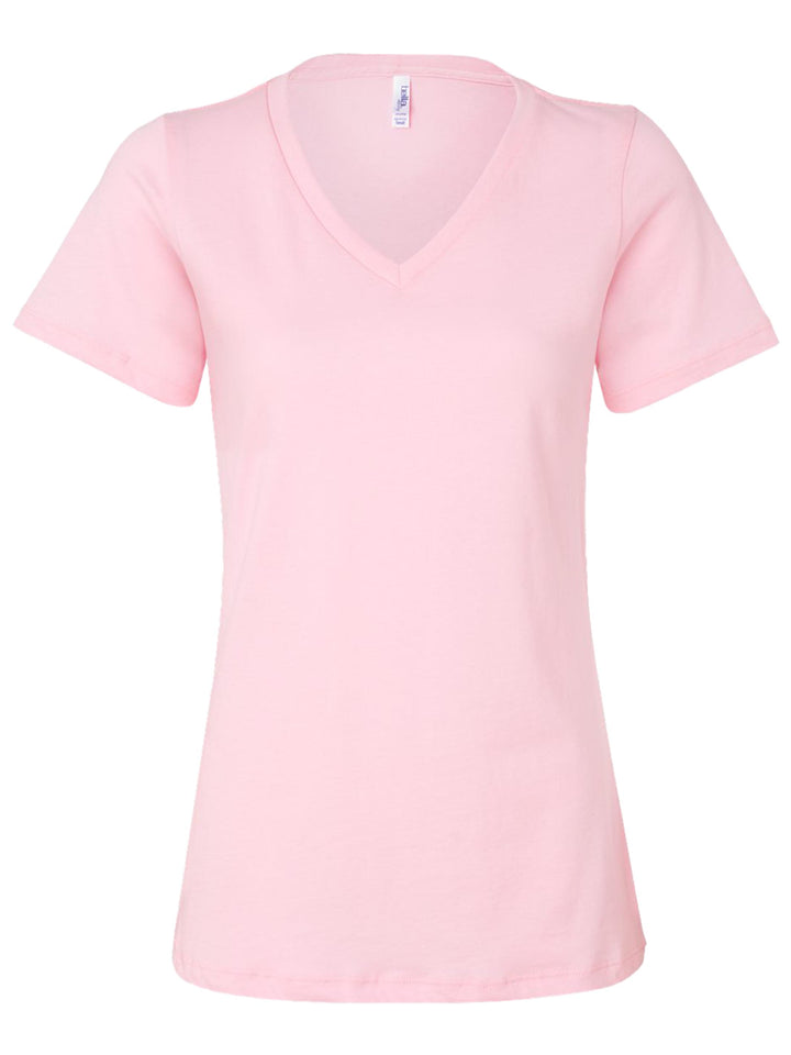 Custom Bella and Canvas Women’s Relaxed V-Neck T-Shirt in pastel pink, a soft and feminine choice for personalized apparel.