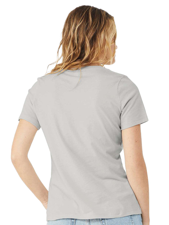 Back view of light gray Bella + Canvas woman's v-neck tee, featuring a relaxed fit and breathable fabric. A must-have casual staple.