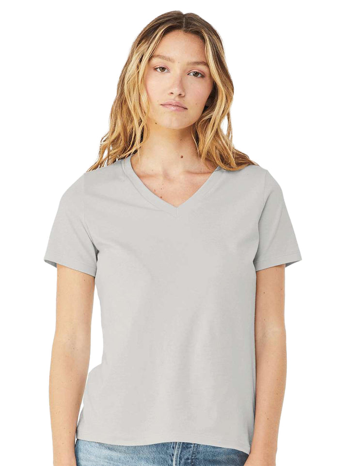 Light gray Bella + Canvas woman's v-neck tee, offering a soft and comfortable fit. A neutral and stylish choice for everyday wear.