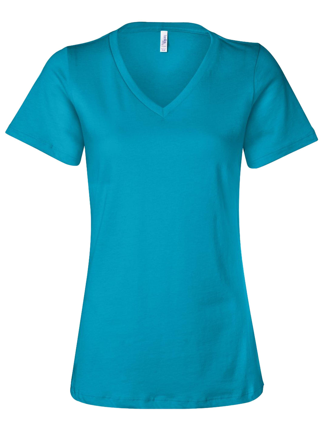 Custom Bella and Canvas Women’s Relaxed V-Neck T-Shirt in turquoise, a bright and stylish option for custom branding or casual wear.