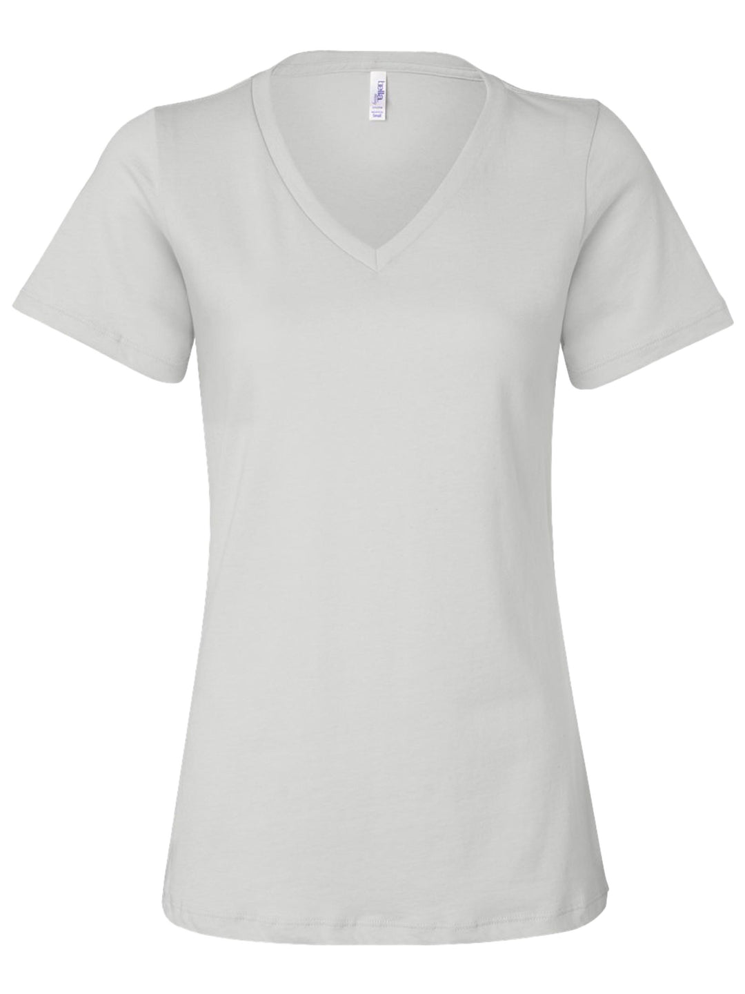 Custom Bella and Canvas Women’s Relaxed V-Neck T-Shirt in light gray, a neutral and comfortable choice for everyday wear.