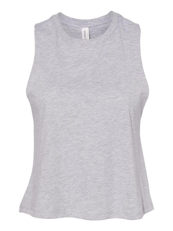 Bella + Canvas Women’s Racerback Crop Tank in heather gray, displayed flat to highlight its soft fabric and cropped fit.