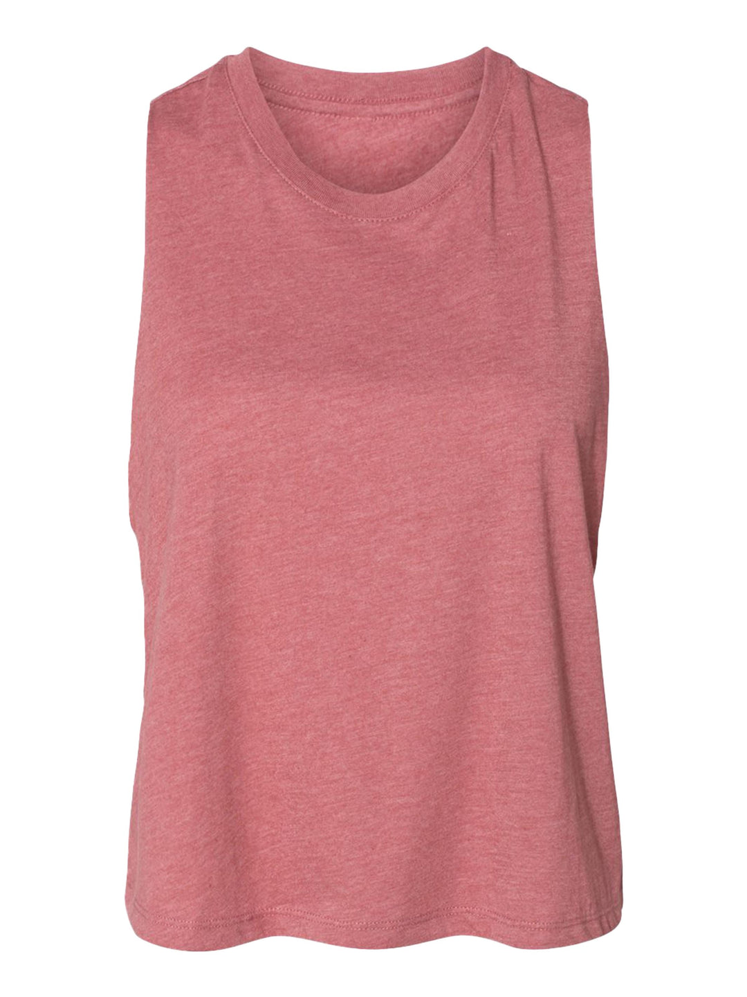 Bella + Canvas Women’s Racerback Crop Tank in dusty rose, displayed flat to highlight its soft fabric and relaxed fit.