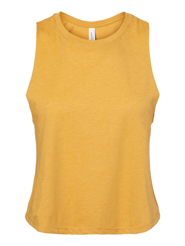 Bella + Canvas Women’s Racerback Crop Tank in mustard yellow, laid flat to showcase its sleeveless, cropped design. Ideal for casual styling.