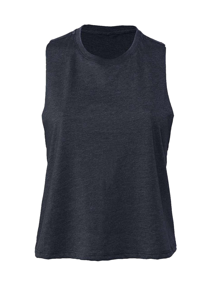 Bella + Canvas Women’s Racerback Crop Tank in charcoal black, displayed flat to highlight its soft fabric and relaxed fit.