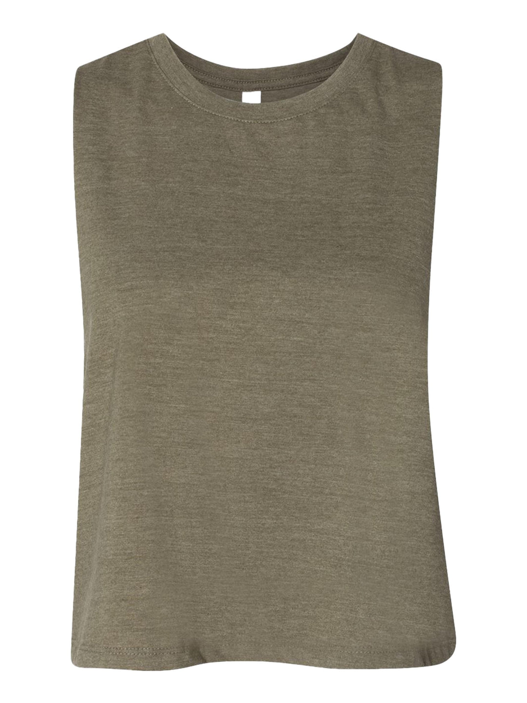 Bella + Canvas Women’s Racerback Crop Tank in olive green, laid flat to showcase its sleeveless, cropped design. Perfect for casual wear.