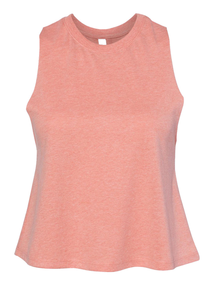 Bella + Canvas Women’s Racerback Crop Tank in peach, displayed flat to highlight its soft fabric and relaxed fit.