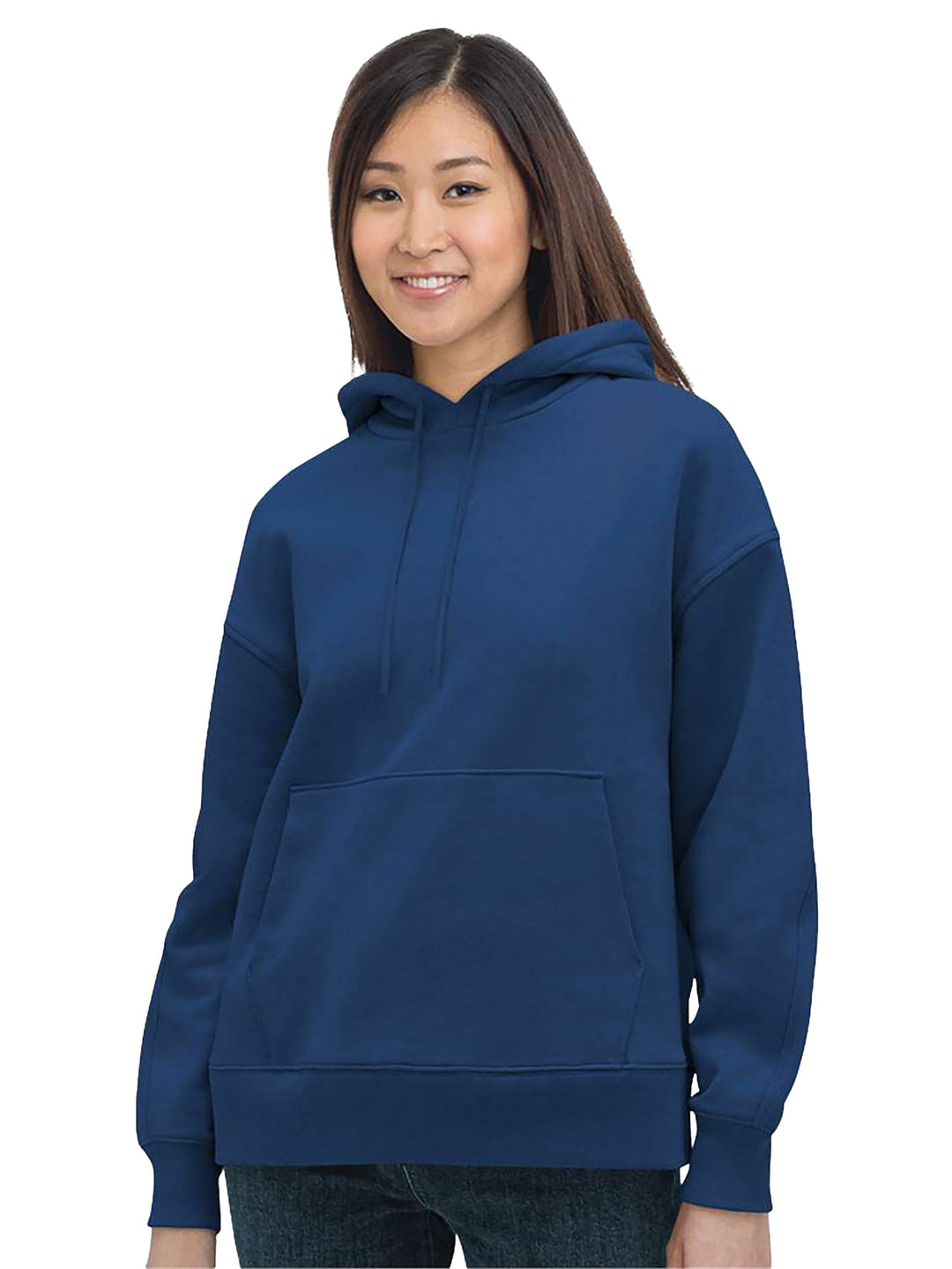 Custom Bayside Women's USA Made Hooded Sweatshirt in navy blue, offering a warm and stylish fit with a front pocket and heavyweight fabric.