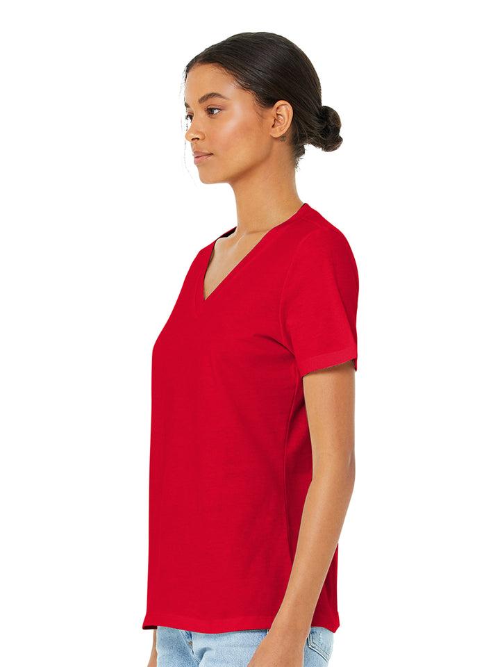 Side view of Custom Bella and Canvas Women’s Relaxed V-Neck T-Shirt in red, showcasing its tailored fit and premium fabric.