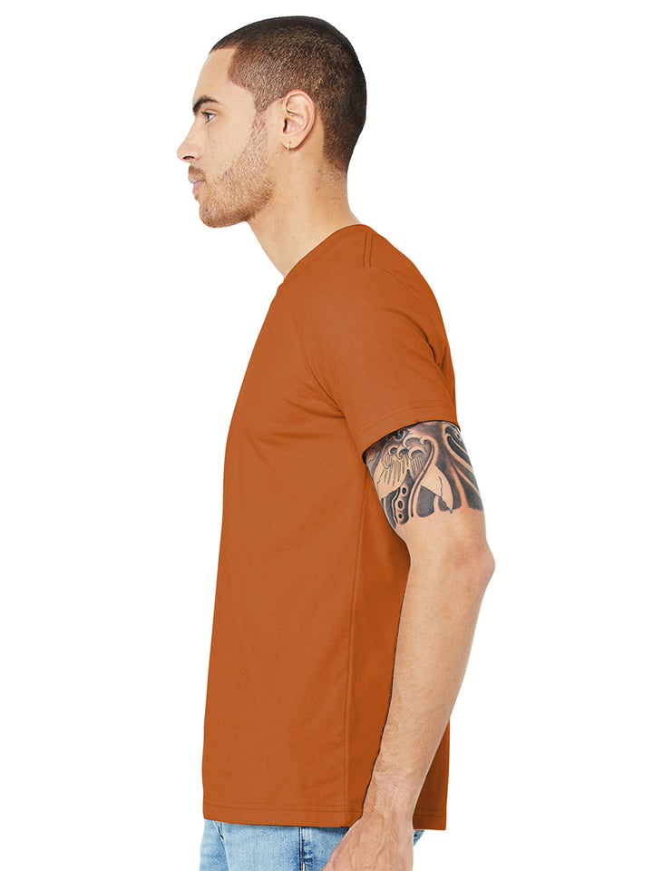 Left side view of Bella and Canvas Jersey T-Shirt in burnt orange. Ideal for custom embroidery or DTF printing, made in the USA.