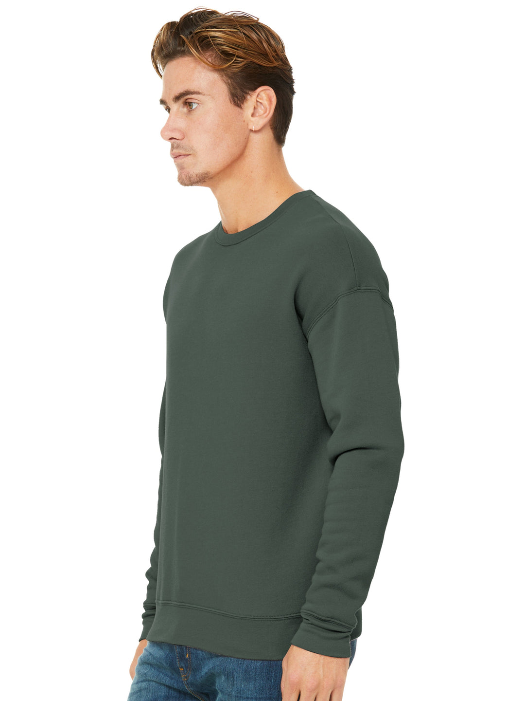 Side view of the Bella and Canvas Sponge Fleece Drop Shoulder Crewneck in forest green, showcasing its stylish drop shoulder design.