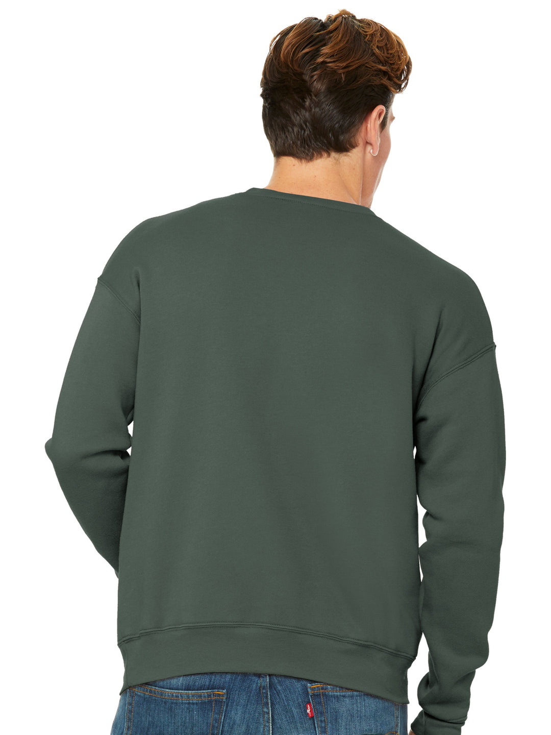 Back view of the Bella and Canvas Sponge Fleece Drop Shoulder Crewneck in forest green, highlighting its seamless and cozy fleece fabric.