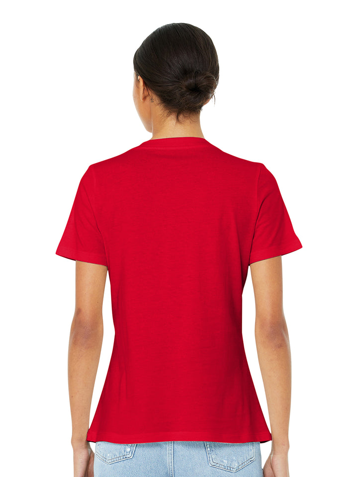 Back view of Custom Bella and Canvas Women’s Relaxed V-Neck T-Shirt in red, displaying its smooth fabric and relaxed fit.