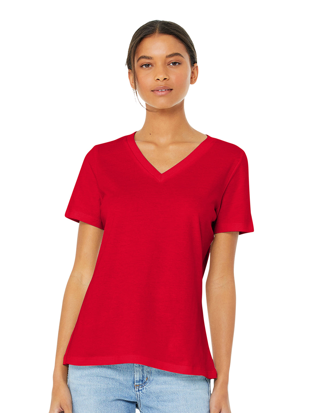 Custom Bella and Canvas Women’s Relaxed V-Neck T-Shirt in red, featuring a soft fabric and modern fit. Ideal for printing or embroidery.