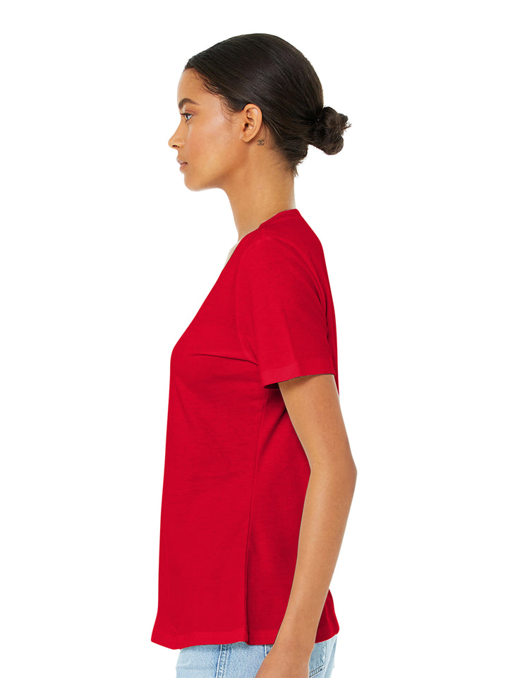 Profile view of Custom Bella and Canvas Women’s Relaxed V-Neck T-Shirt in red, highlighting its comfortable and stylish design.