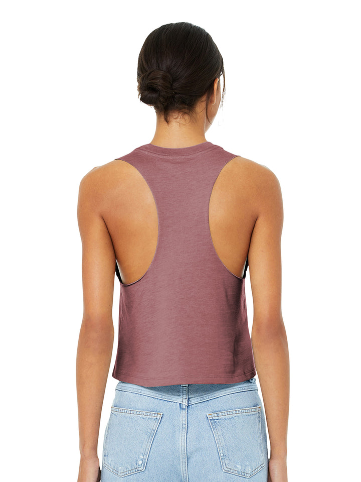 Back view of Bella + Canvas Women’s Racerback Crop Tank in mauve, featuring a racerback design and a relaxed fit. Ideal for layering or workouts.