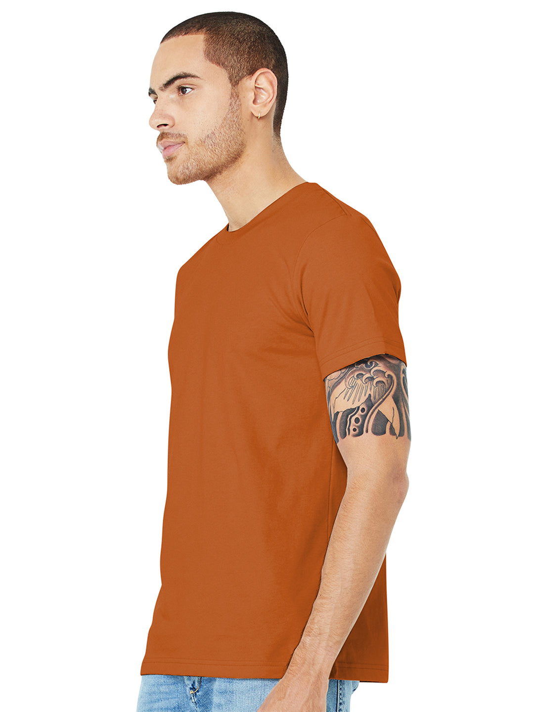 Side view of Bella and Canvas Jersey T-Shirt in burnt orange. Soft, high-quality cotton fabric, perfect for custom branding and personalization.