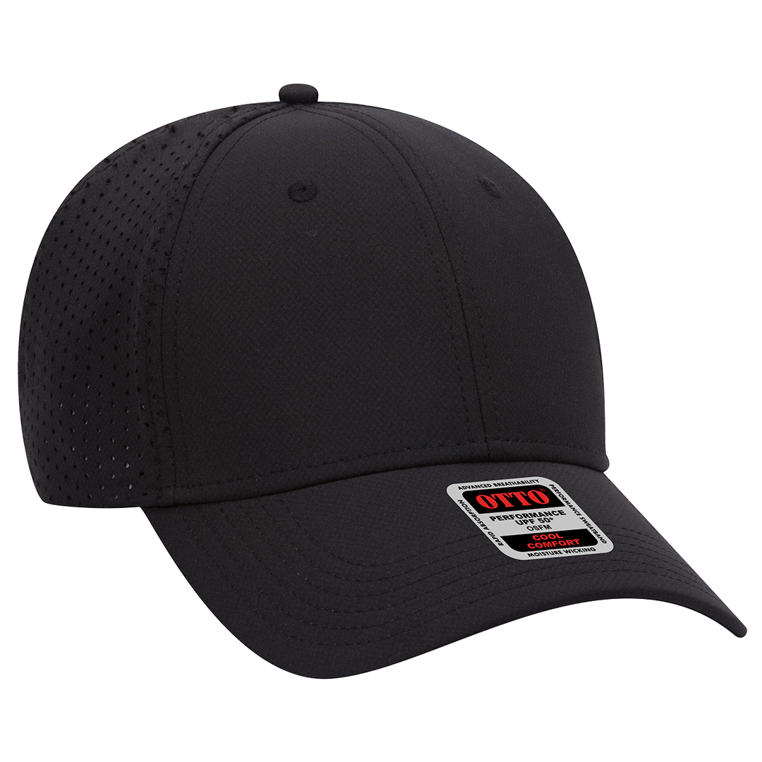 Otto Performance Baseball Hat- 19-1275 in black with breathable perforated side panels and structured front. Ideal for sports and outdoor activities.