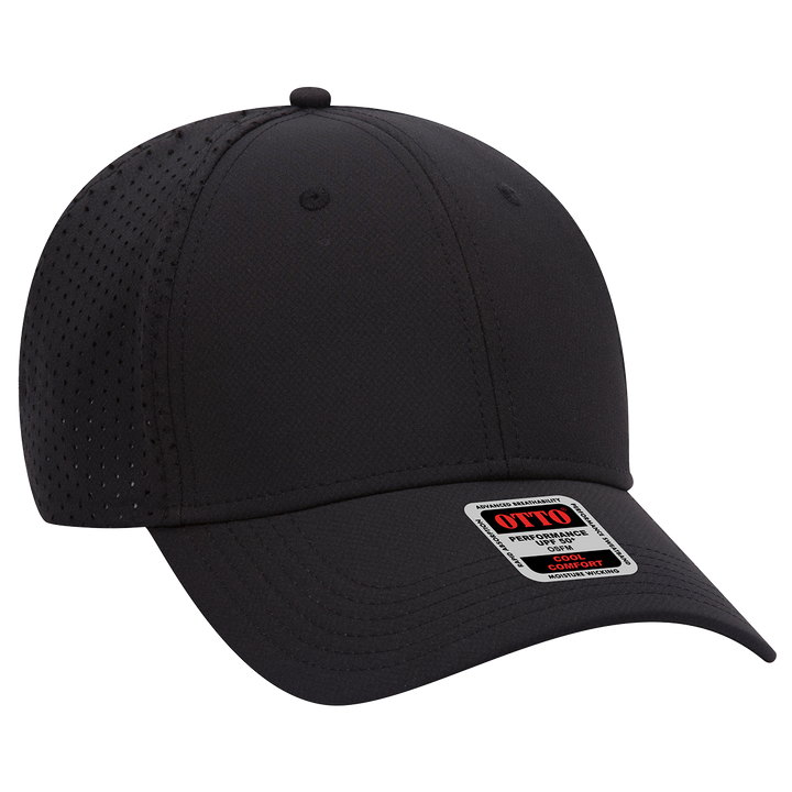 Otto Performance Baseball Hat- 19-1275 in black with breathable perforated side panels and structured front. Ideal for sports and outdoor activities.