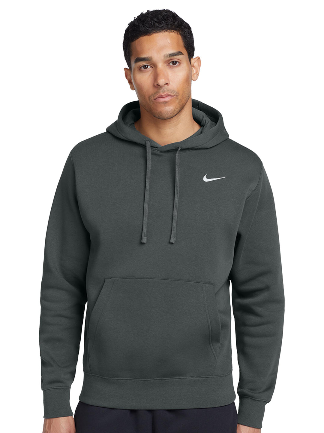 Customizable Nike Club Fleece Hoodie in dark green with embroidered logo. Soft fleece fabric, perfect for personalization and everyday wear.