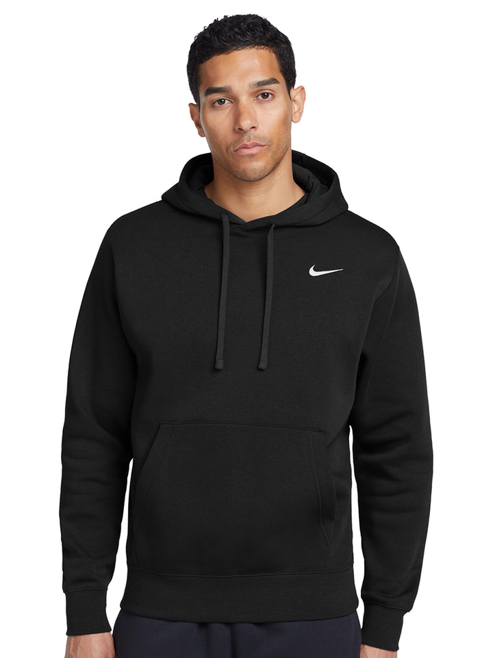 Black Nike Club Fleece Hoodie with embroidered logo, ideal for custom branding. Premium fleece material ensures comfort and durability.