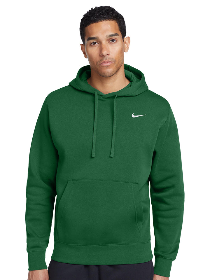 Green Nike Club Fleece Hoodie with embroidered logo, perfect for customization. Soft fleece fabric provides warmth and a stylish fit.