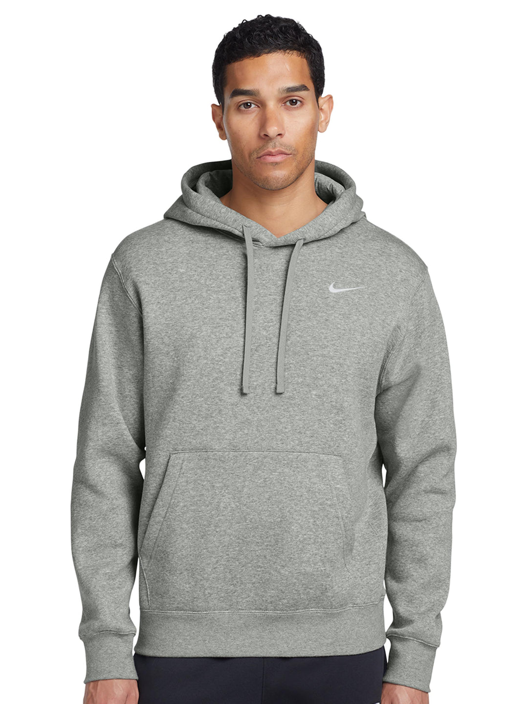 Heather gray Nike Club Fleece Hoodie with embroidered logo, designed for comfort and customization. Ideal for personal or team branding.