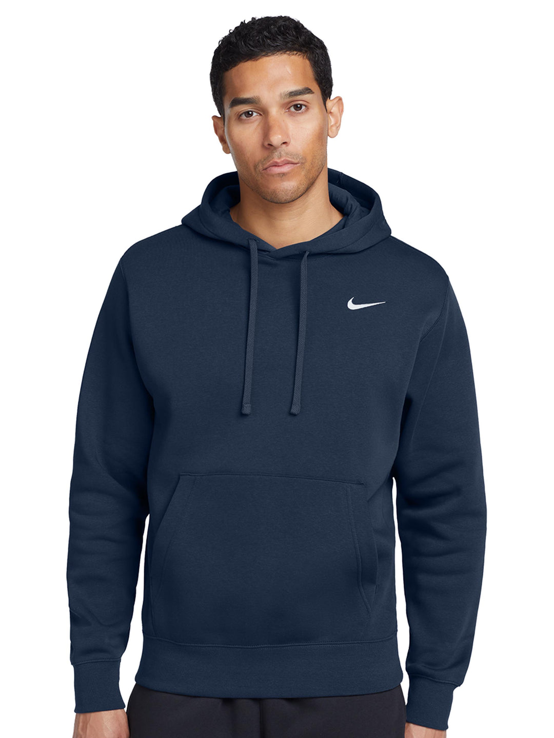 Navy blue Nike Club Fleece Hoodie with embroidered logo, offering a stylish and comfortable fit. Customize with your design or logo.