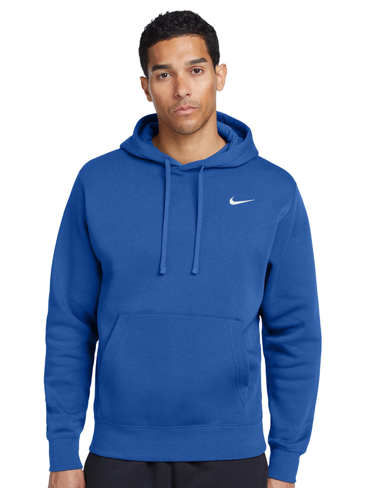 Royal blue Nike Club Fleece Hoodie with embroidered logo, perfect for personalization. Soft fleece fabric ensures warmth and durability.